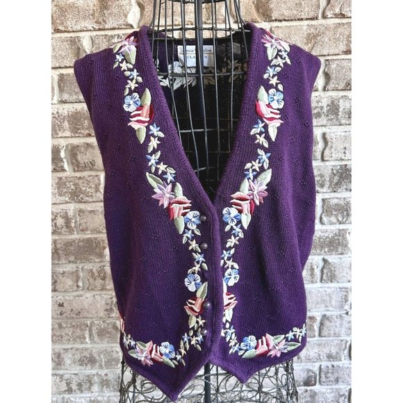 Vintage Marisa Christina Classics Floral Vest Small Plum Embroider Sweat… - Picture 1 of 12